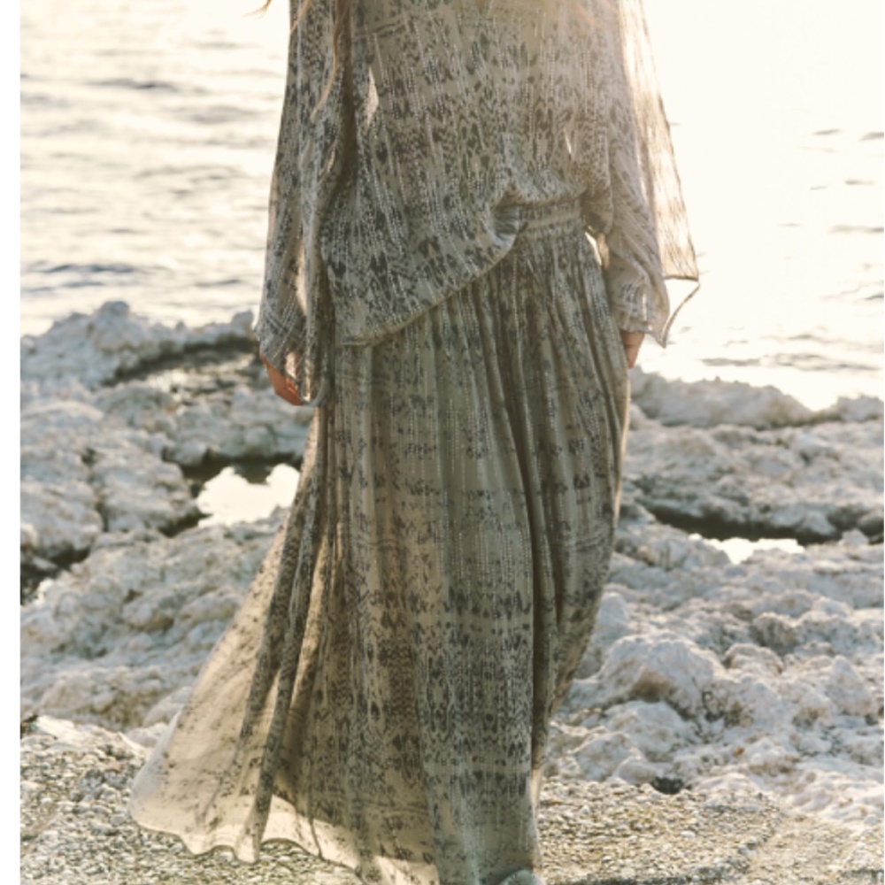 Zara boho khaki green and metallic fibre elastic waist long skirt NWT